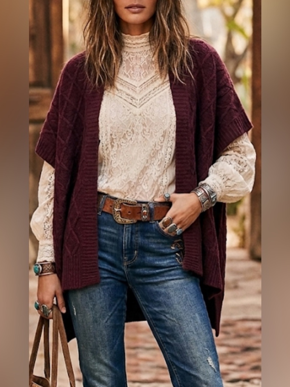 NEW LOFT Burgundy Wool Blend Sweater Shawl Sz XS Wine Office Boho Chic